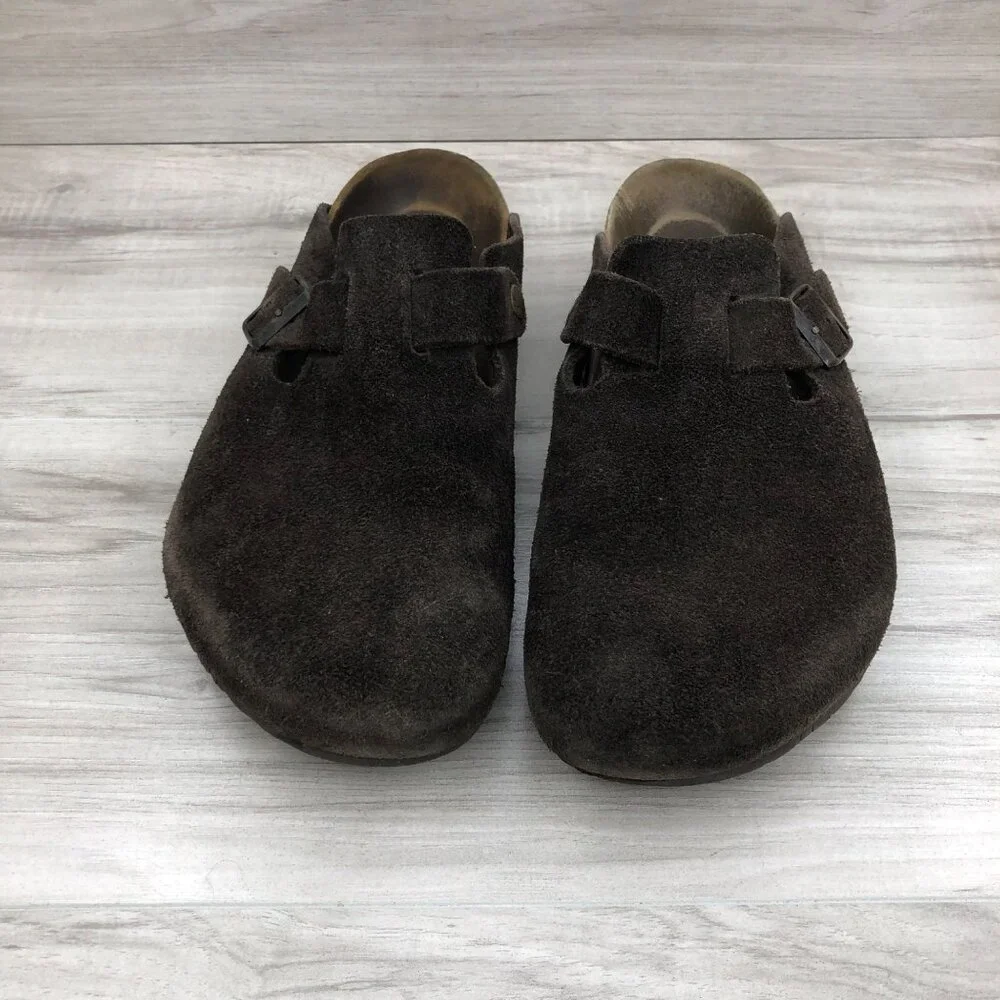 Birkenstock Brown Suede Clogs with Buckle